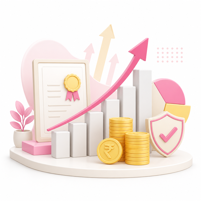 Business growth benefits of GST registration with charts, certificate and savings icons