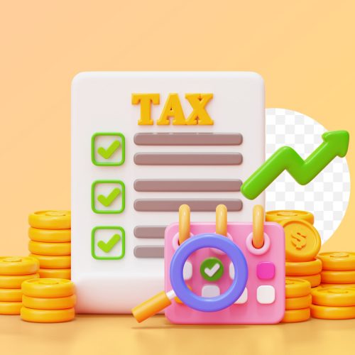 Tax payment with coin stacks and magnifying glass on calendar bu Tax payment with coin stacks and magnifying glass on calendar business and finance 3D background illustration